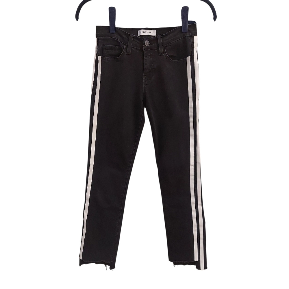 FLYING MONKEY Black Cropped Skinny Jeans With White Stripes And Distressed Hems